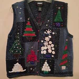 Studio Ho Ho Ho Sweater Vest Womens Large Christmas Tree Button Up 90s Vintage‎